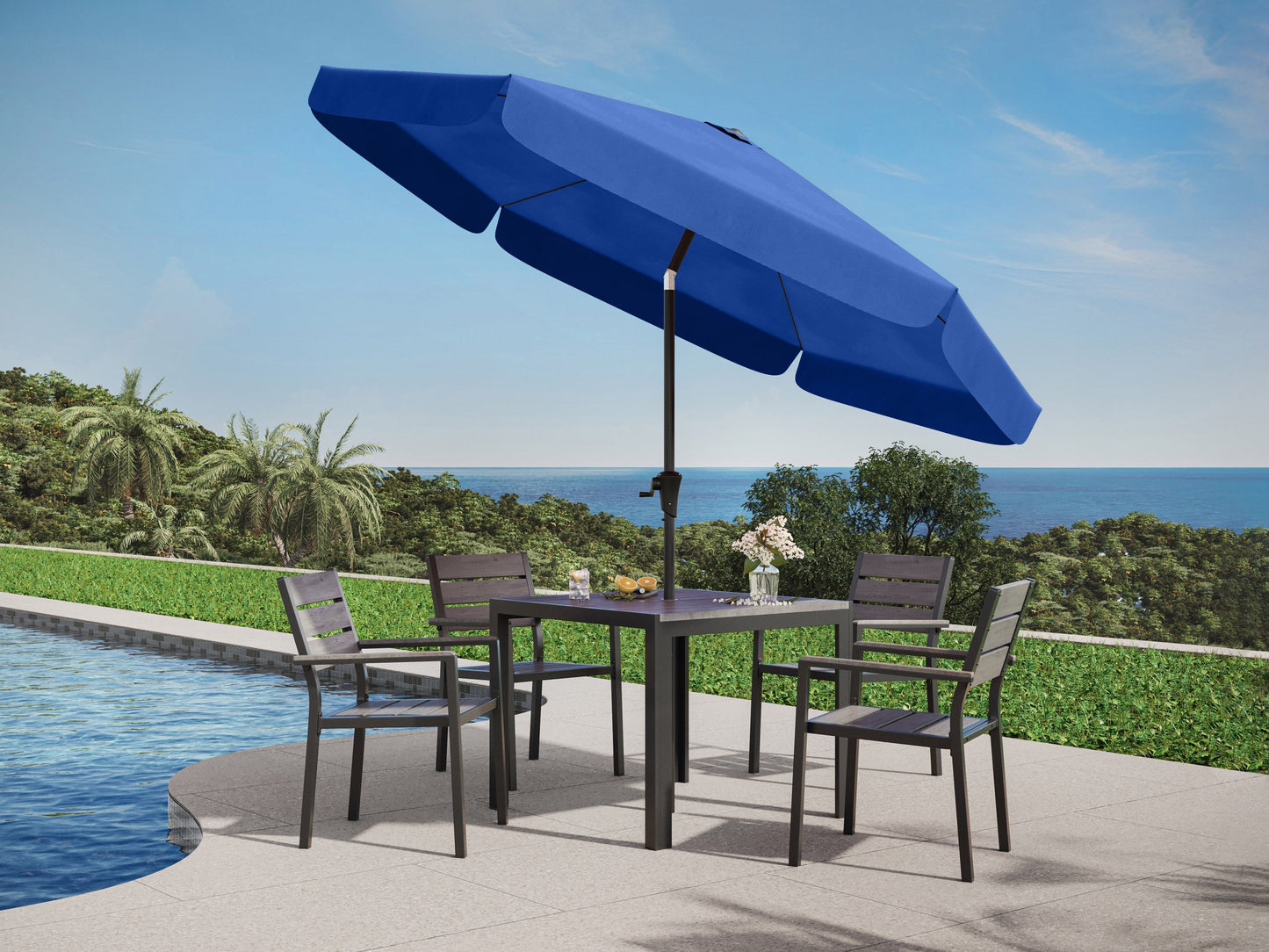 Cobalt blue 10ft patio umbrella with round tilting canopy and sturdy metal pole for outdoor shade.