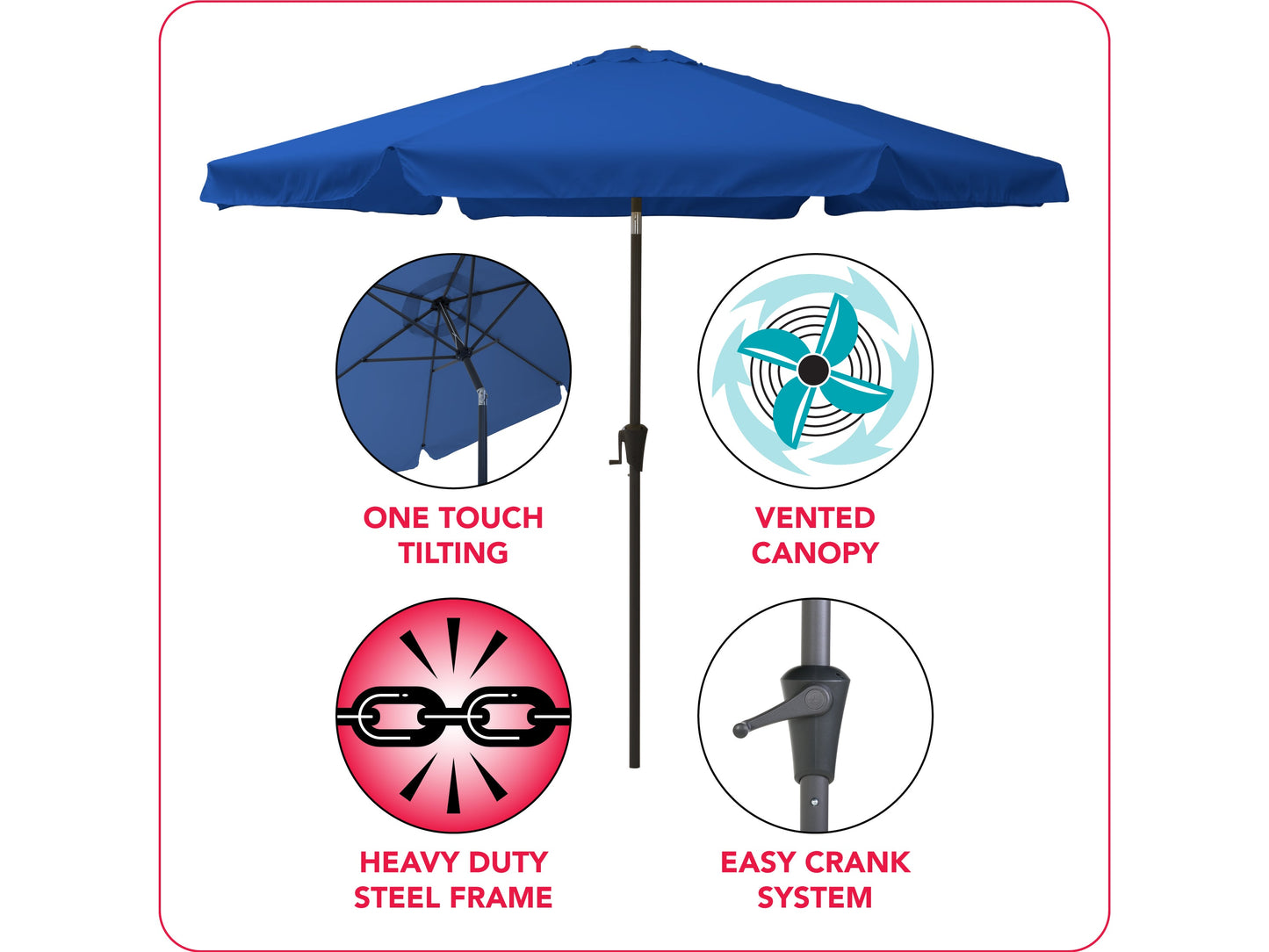 10ft cobalt blue patio umbrella, round tilting design with sturdy metal frame and UV-resistant fabric.