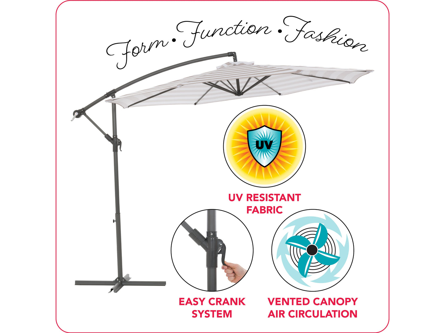 10ft striped offset umbrella, taupe and white, with adjustable canopy and sturdy aluminum frame for patio or garden use.