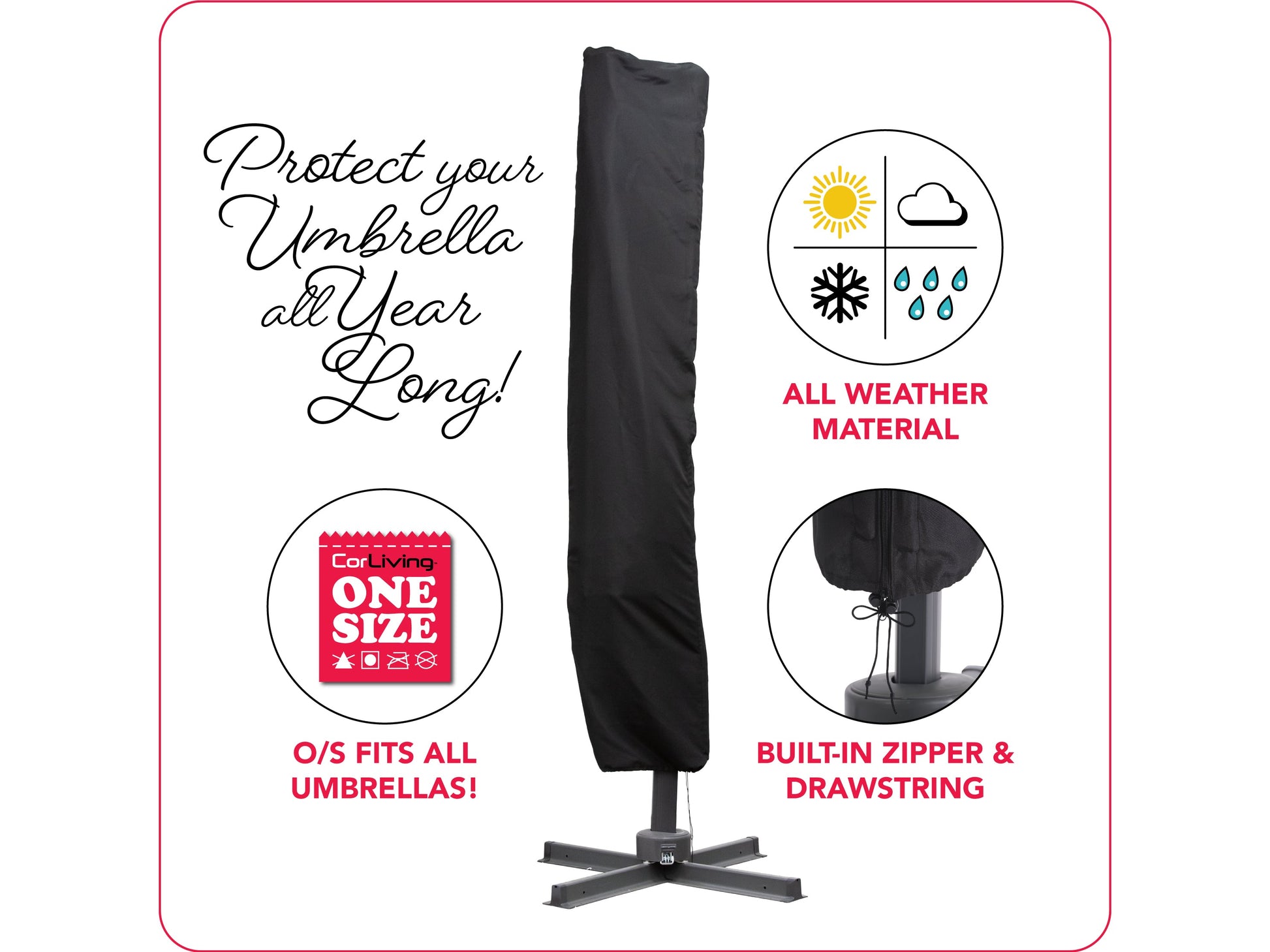 Durable black patio umbrella cover, weather-resistant fabric, zippered closure, and adjustable drawstring for secure fit.