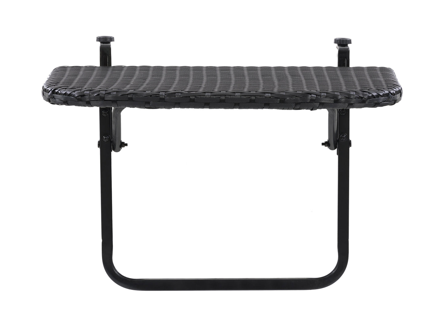 Gray metal balcony railing table with wooden tabletop, featuring a compact design, perfect for small outdoor spaces and patios.