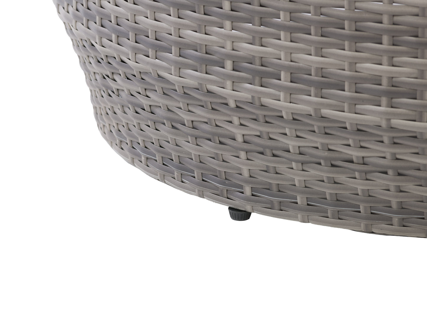 Natural wicker coffee table with glass top, featuring a durable rattan weave in light brown. Ideal for outdoor patios, the table showcases a sturdy, weather-resistant design with intricate texture and a sleek finish.