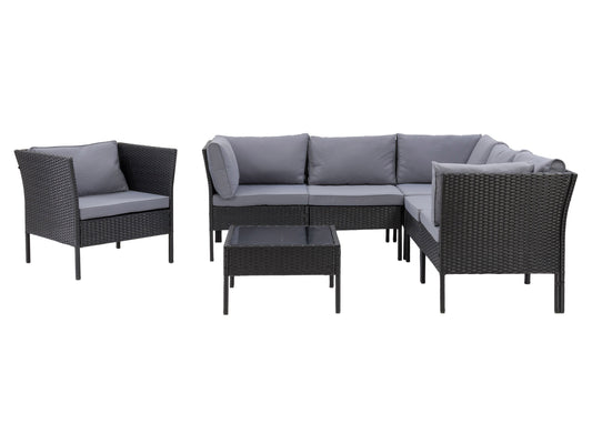 Black and grey L-shaped outdoor sectional, 7-piece set with weather-resistant cushions and sleek aluminum frame.