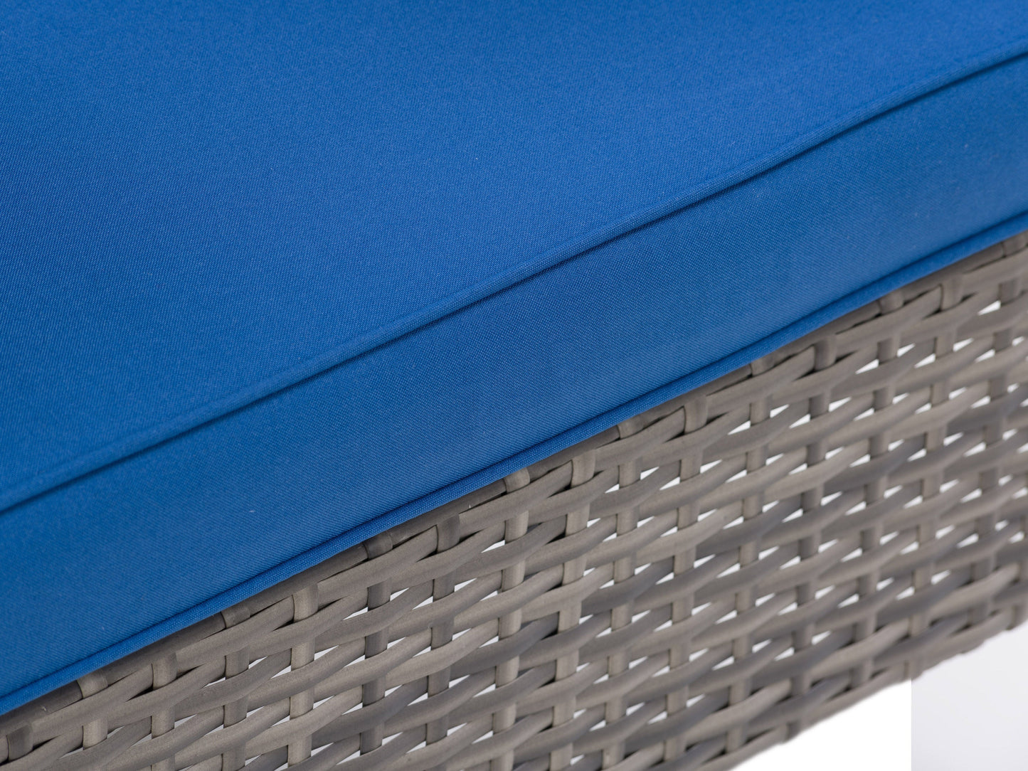 Grey and blue patio armchair with cushioned seat and backrest, durable frame, and weather-resistant fabric.