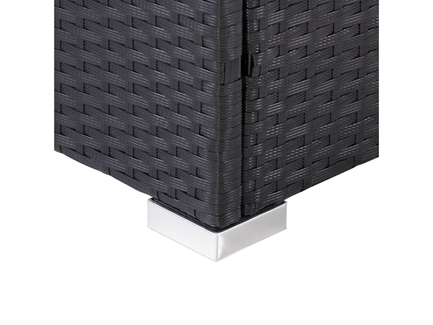 Black wicker patio cushion storage box with a hinged lid, durable construction, and weather-resistant design.