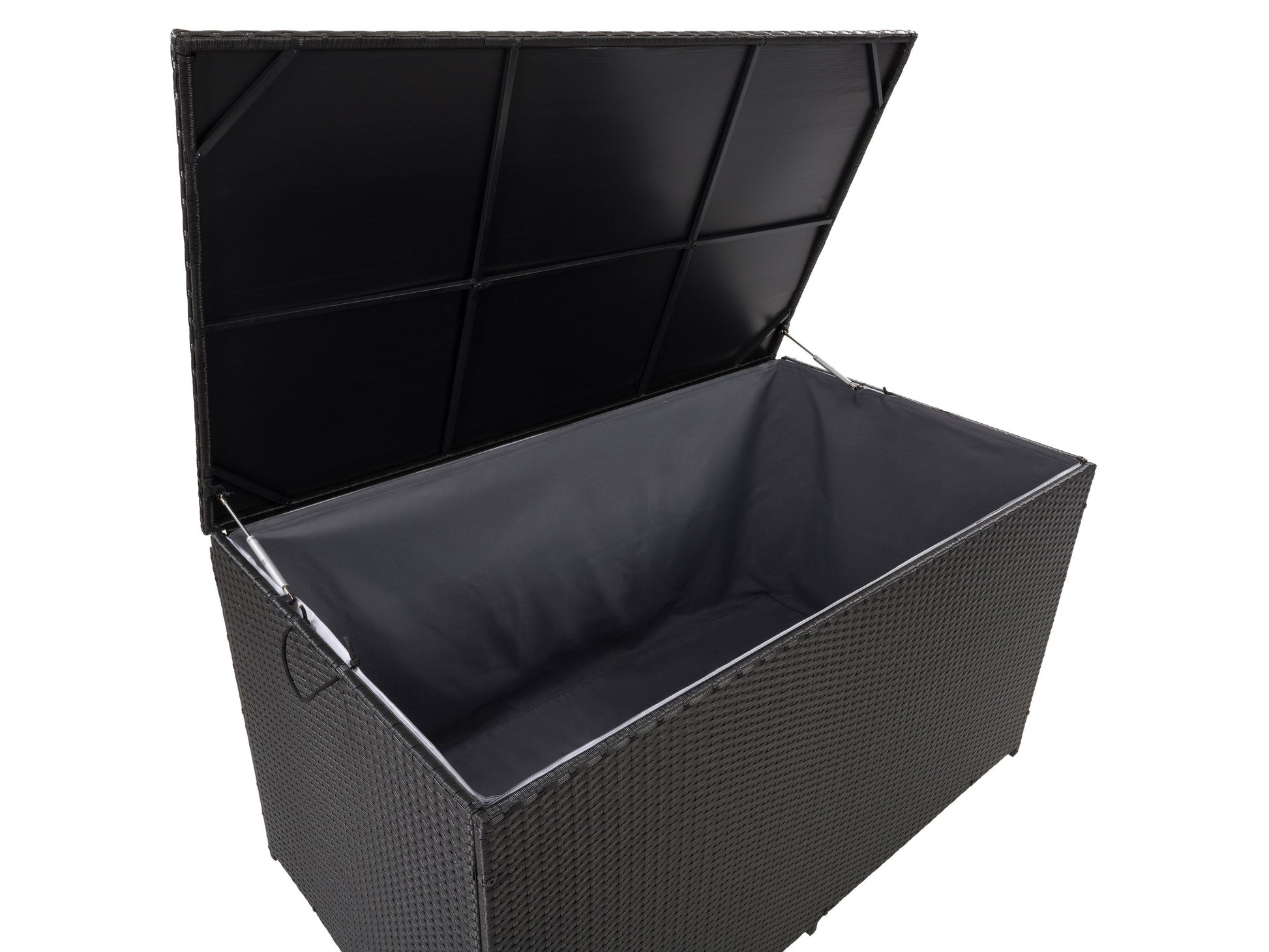 Outdoor patio storage box with a dark wicker finish, spacious interior, and durable weather-resistant materials.