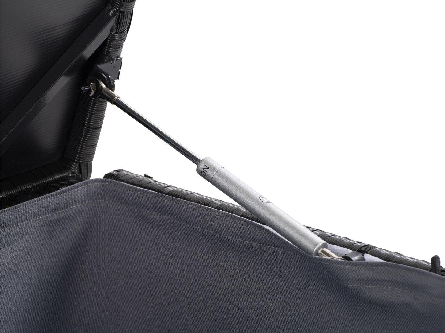 Grey patio storage box with durable resin material, wood-like texture, and lockable lid for outdoor organization