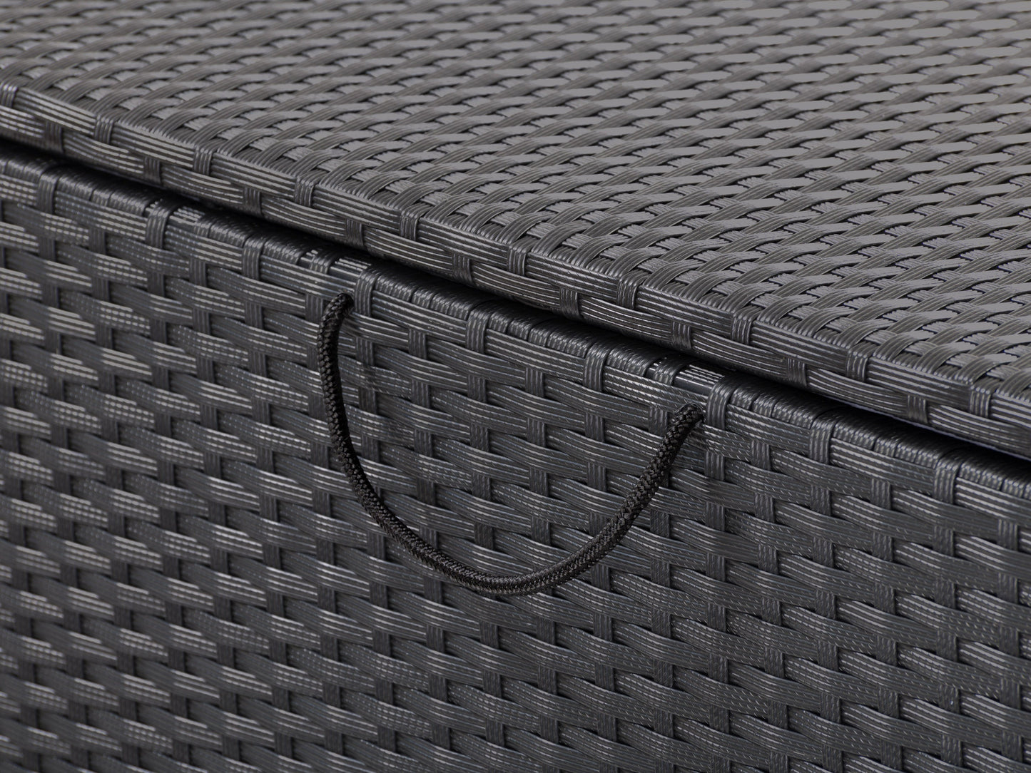 Outdoor wicker patio storage box with a grey finish, weather-resistant materials, and a sleek, modern design.