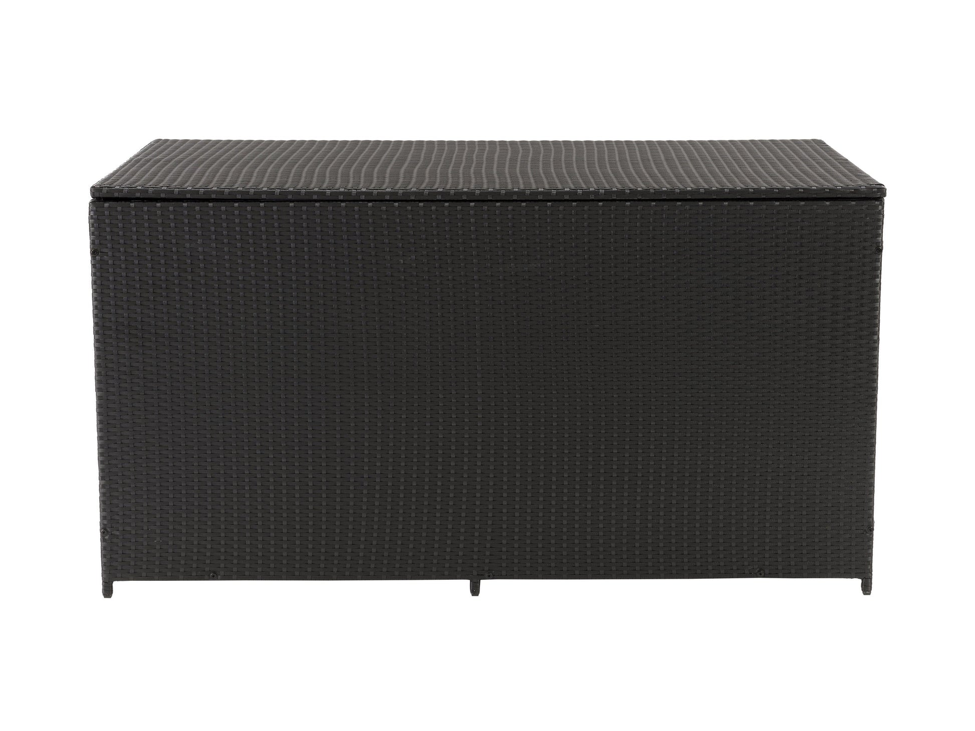 Outdoor patio storage box, weather-resistant grey rattan, hinged lid, spacious interior for garden tools and cushions.