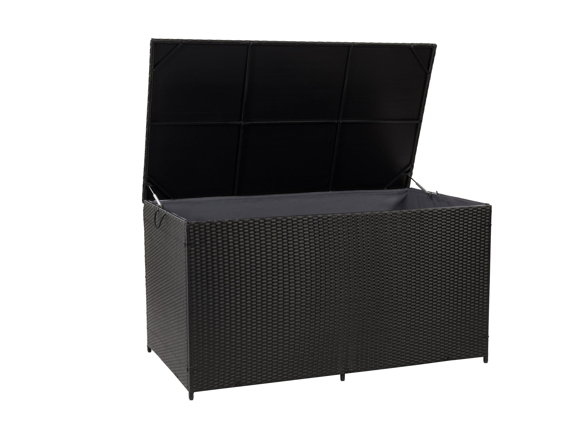 Outdoor grey wicker patio storage box with a flat lid, weather-resistant material, and spacious interior.