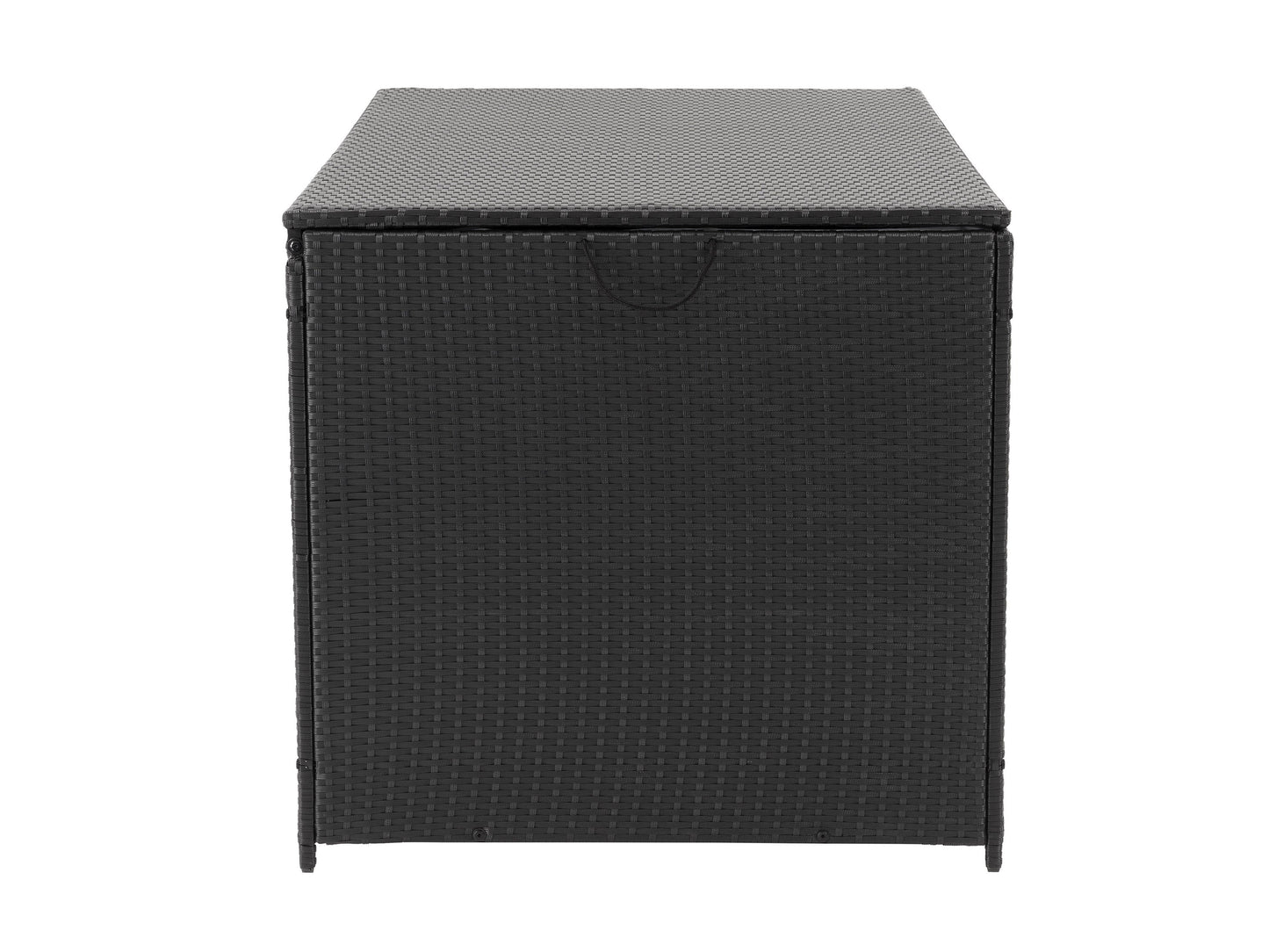 Outdoor patio storage box in dark grey resin with a textured wood-like finish and a lockable lid.