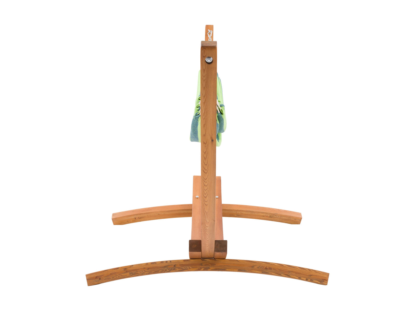 Blue and green striped patio hammock with sturdy wooden stand, perfect for outdoor relaxation and garden lounging.
