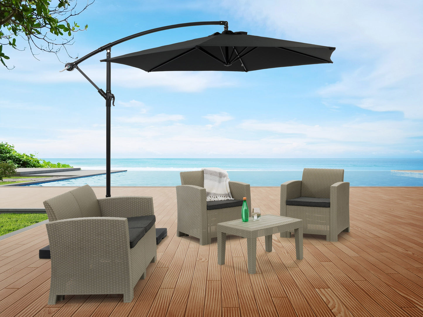 9ft black cantilever patio umbrella with tilting feature and UV protection for outdoor use.