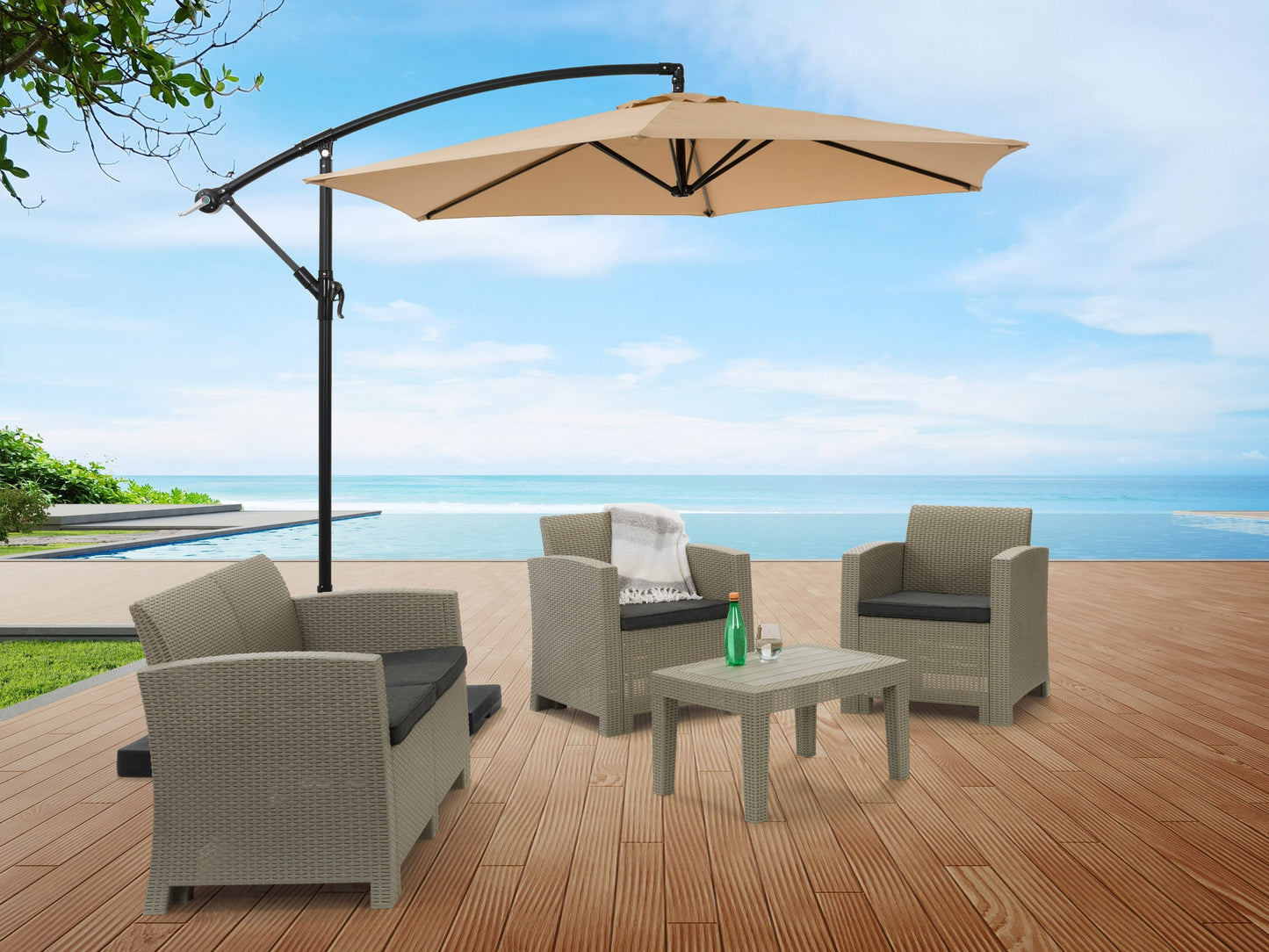 9ft taupe cantilever patio umbrella, tilting feature, UV-resistant fabric, sturdy aluminum pole, ideal for outdoor shade.