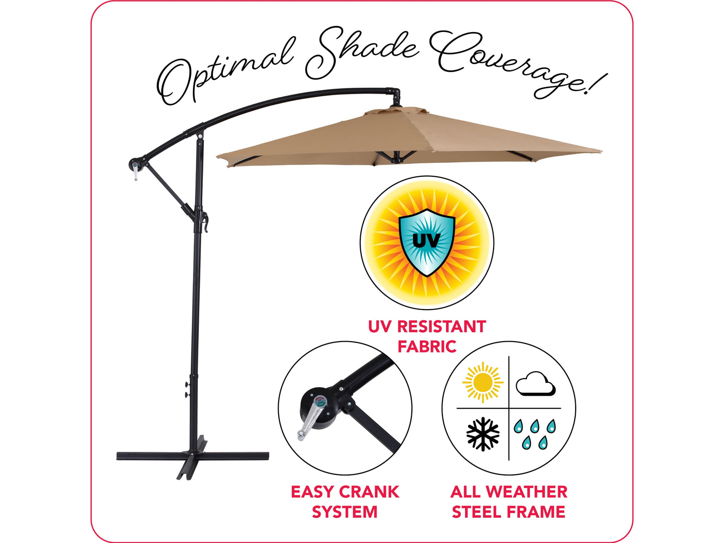 Cantilever patio umbrella, 9ft, taupe, tilting, UV protection, outdoor shade, adjustable angle.