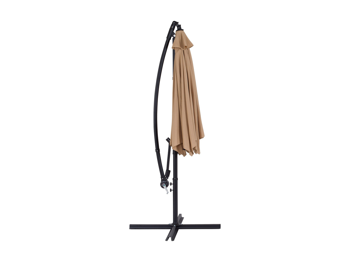 Taupe cantilever patio umbrella, 9ft, tilting feature, sturdy metal frame, UV-resistant fabric.
