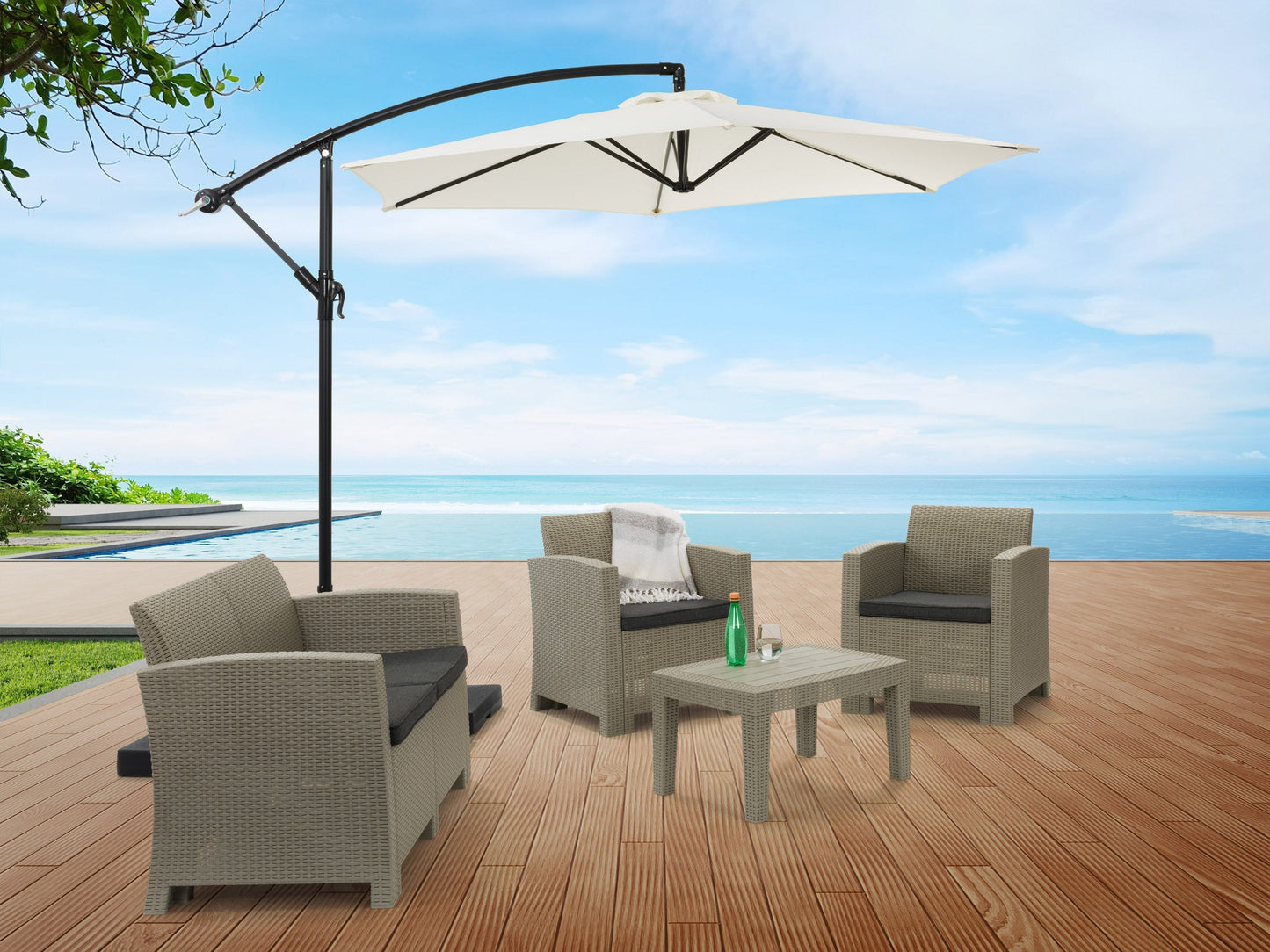 9ft cantilever patio umbrella, tilting, warm white canopy, sturdy aluminum frame, UV protection, outdoor shade solution.