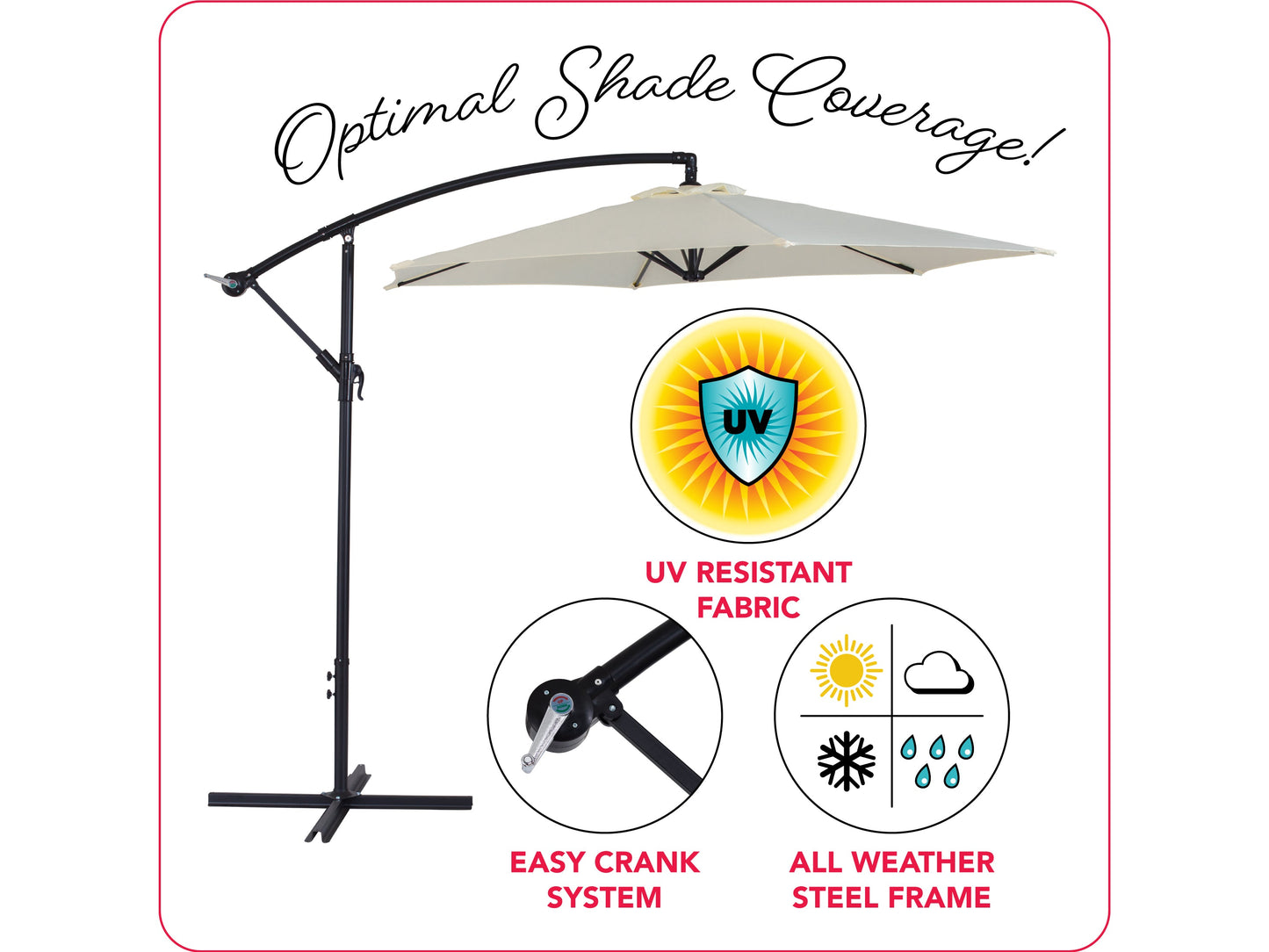 9ft cantilever patio umbrella, tilting, warm white canopy with sturdy aluminum frame and crank lift system.