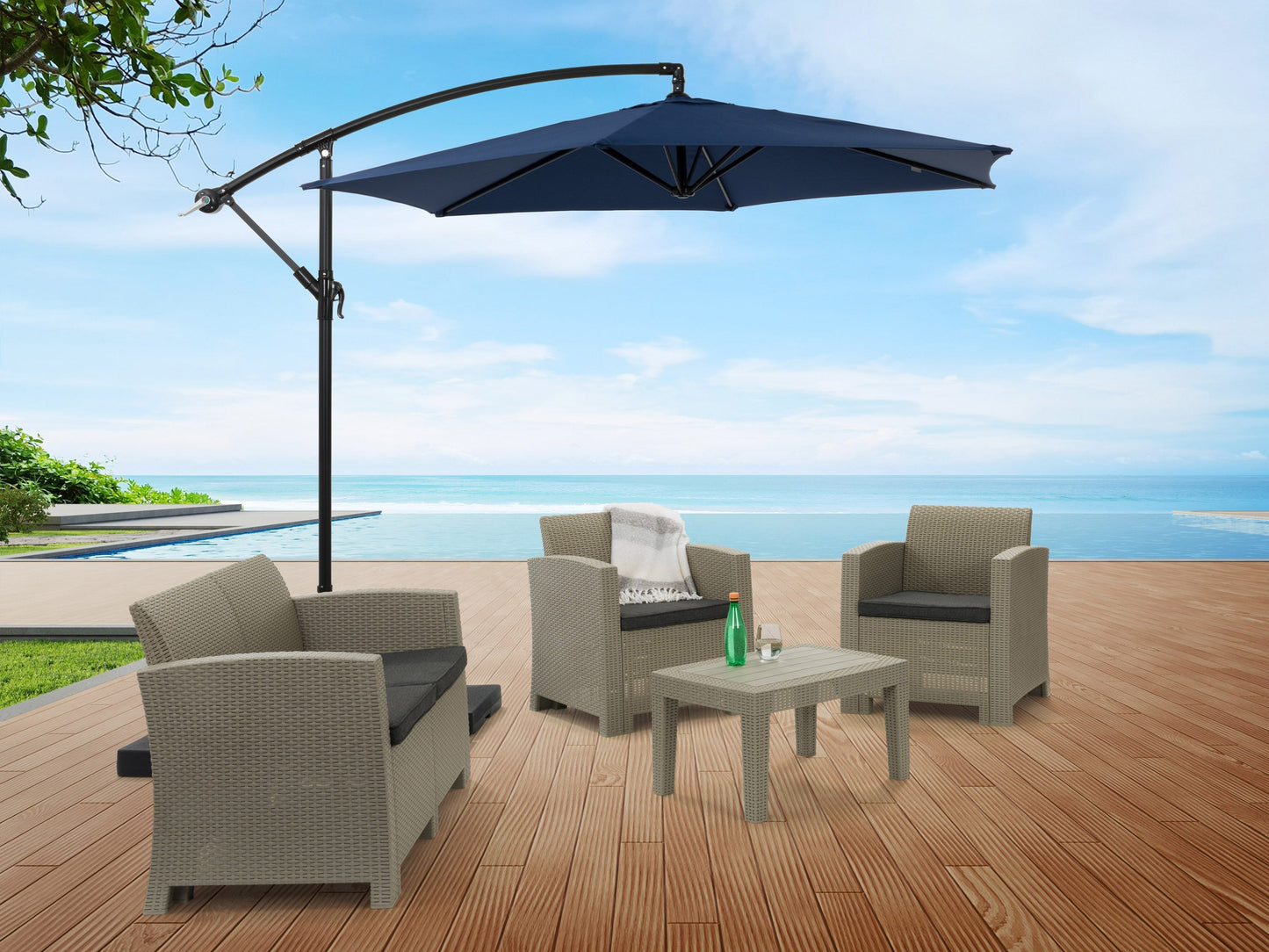 Navy blue 9ft cantilever patio umbrella with tilting feature, durable fabric, and sturdy metal frame for outdoor shade.