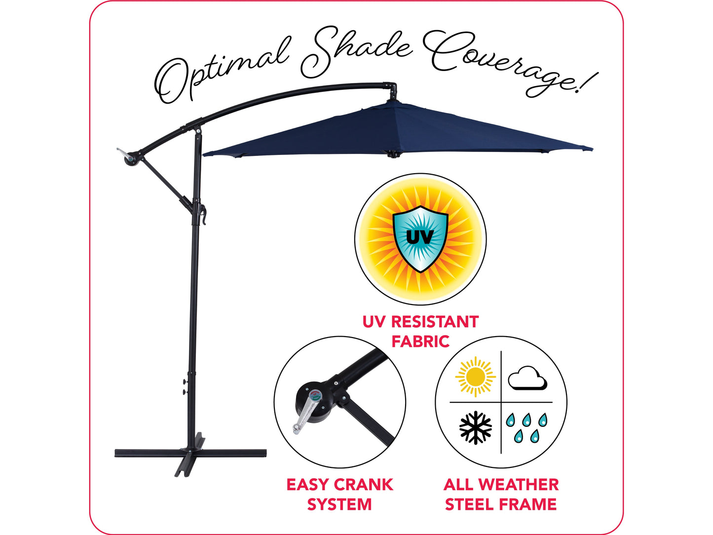 Navy blue 9ft cantilever patio umbrella with tilting feature, durable fabric, and sturdy aluminum frame.