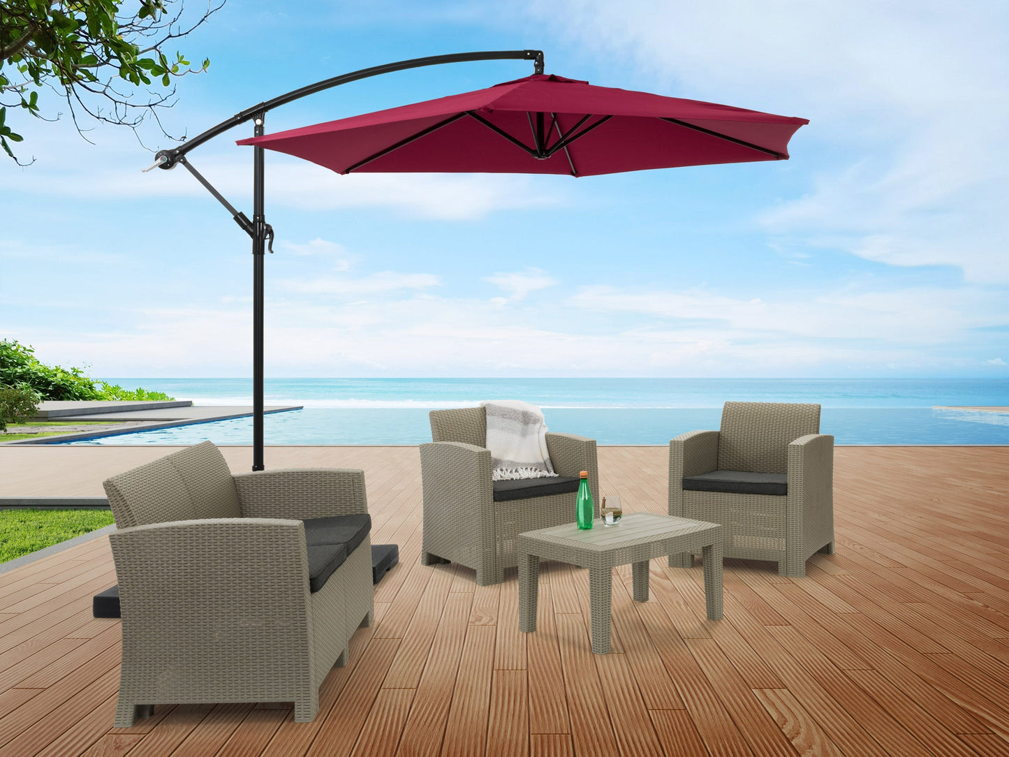 9ft wine red cantilever patio umbrella, tilting, UV-resistant, outdoor shade.