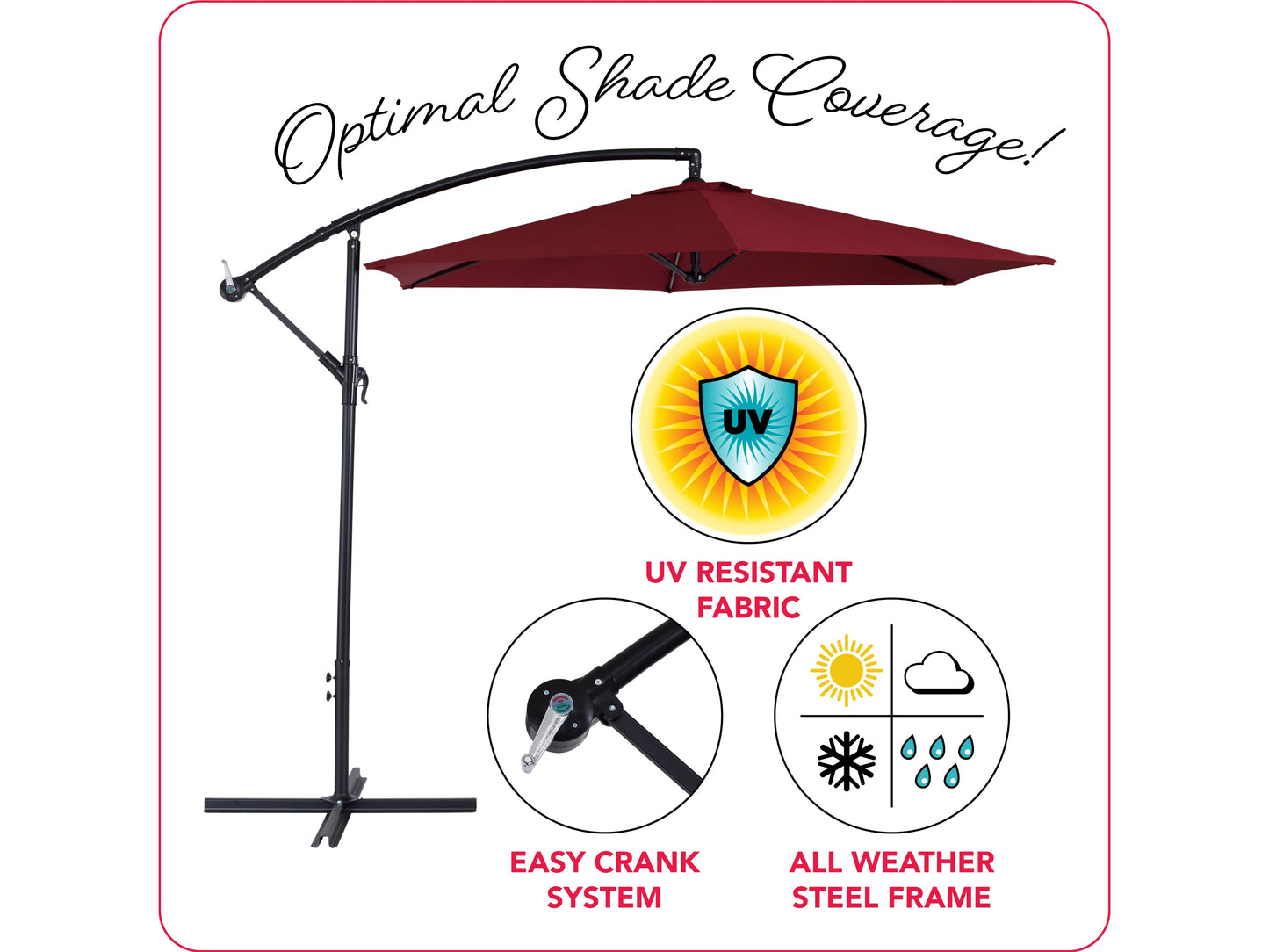 Wine red 9ft cantilever patio umbrella with tilting feature, durable fabric, and sturdy metal frame for outdoor use.