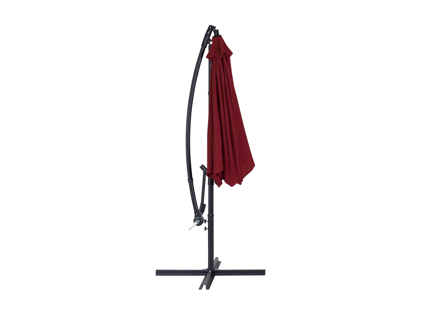Wine red 9ft cantilever patio umbrella with tilting feature, UV-resistant fabric, and sturdy aluminum frame.