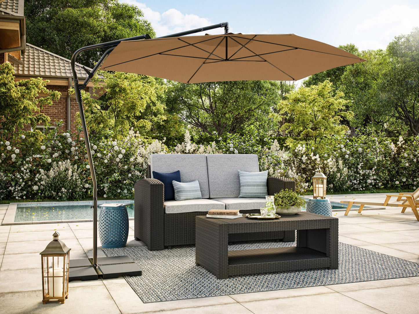 10ft taupe cantilever patio umbrella with tilting feature, sturdy metal frame, and weather-resistant fabric.