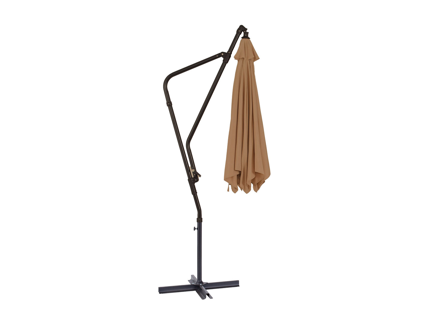 Taupe 10ft cantilever patio umbrella with tilting feature, outdoor shade solution, durable and weather-resistant.