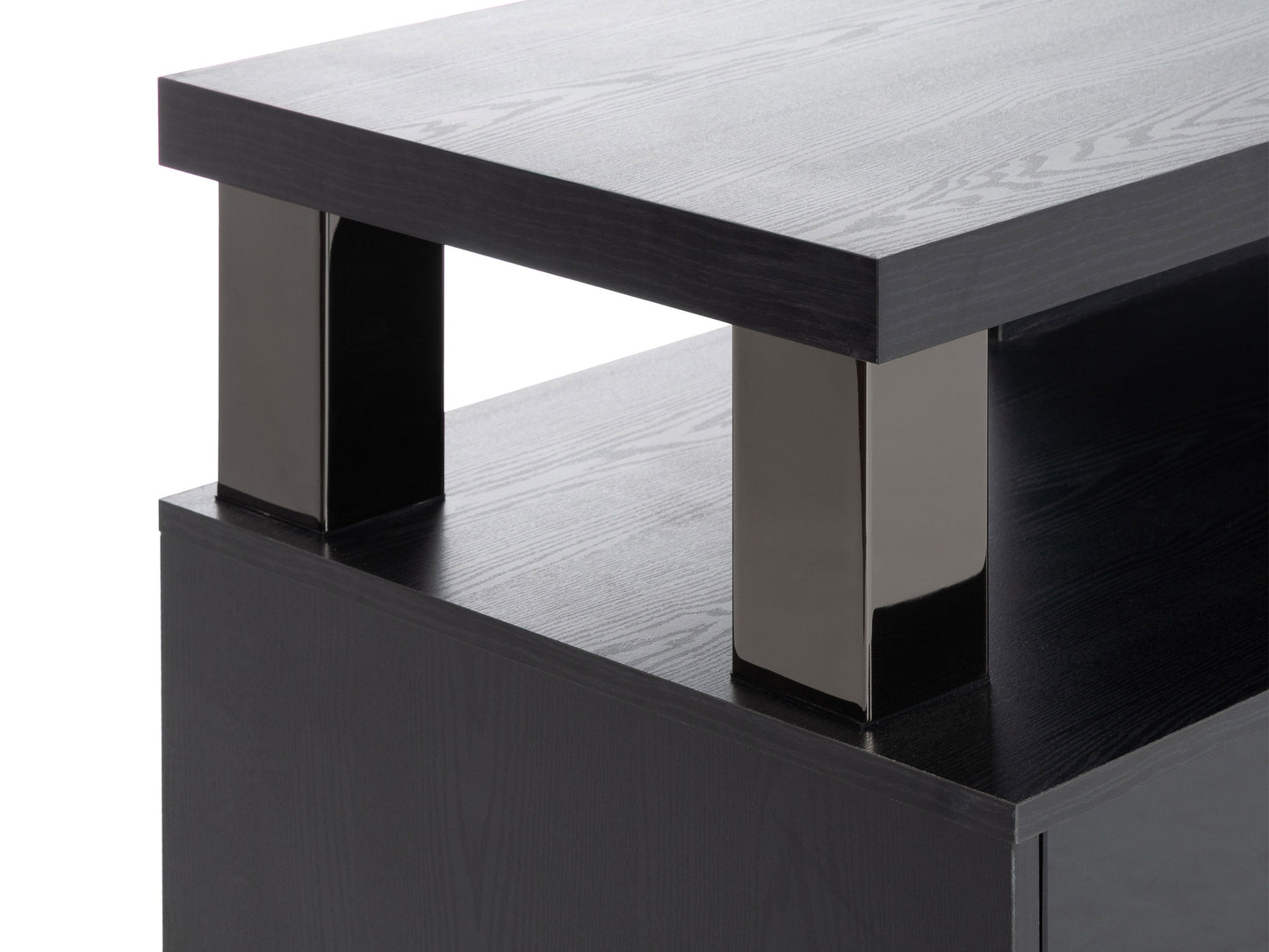 Extra wide TV stand for 95" TVs, dark wood finish, sleek design, ample storage shelves, and cable management.