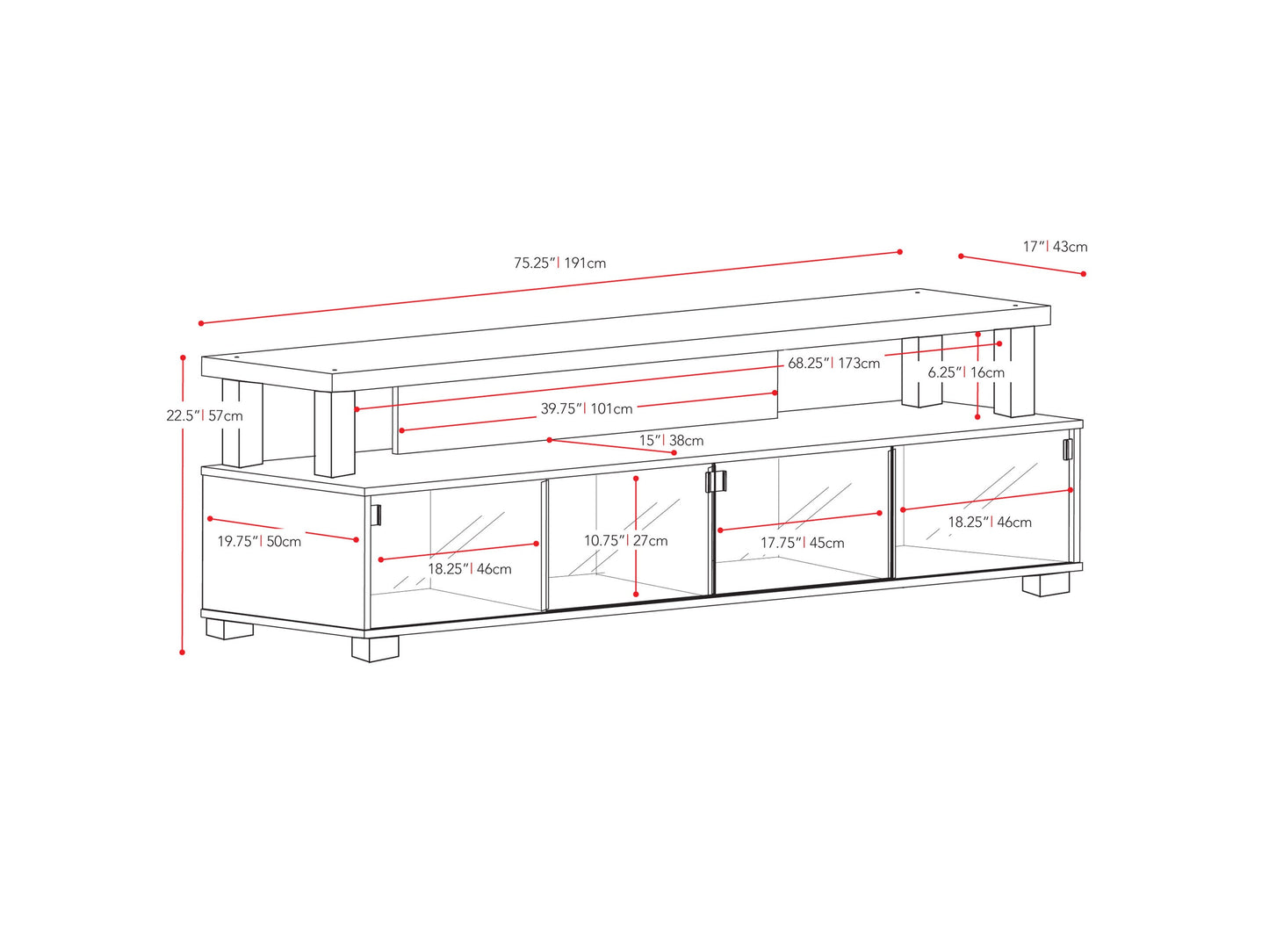 Extra wide TV stand for 95" TVs, dark wood finish, open shelving, cable management, sleek modern design.