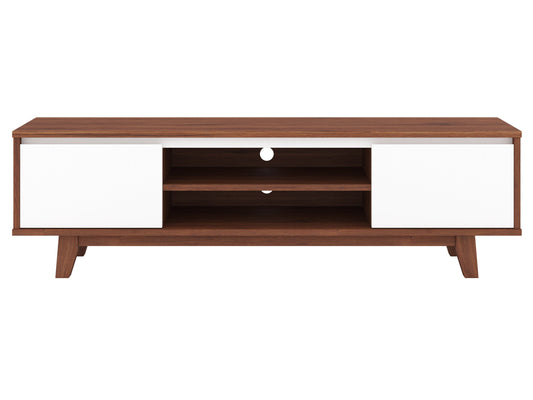 White and dark brown wood TV stand for TVs up to 68 inches with open shelving and modern design.