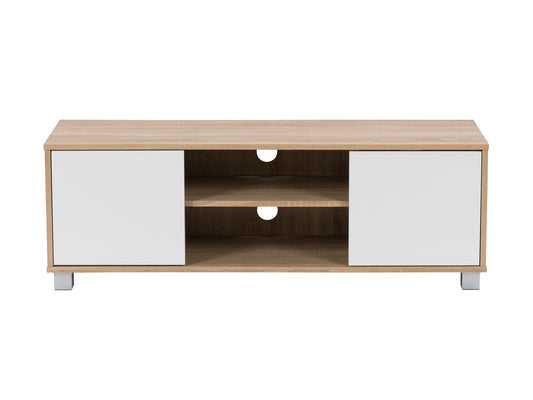 Brown and white modern TV stand, fits up to 55" TVs, with sleek design and ample storage shelves.