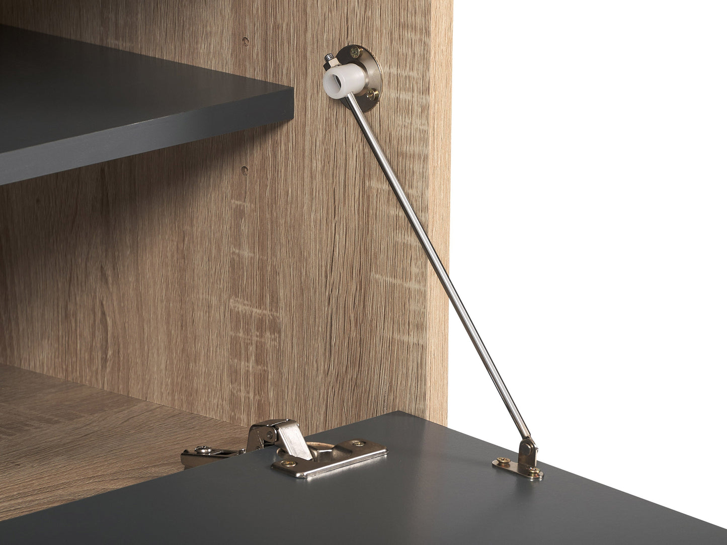 Light wood and grey TV stand for up to 85" TVs, featuring cabinet storage and a modern minimalist design.