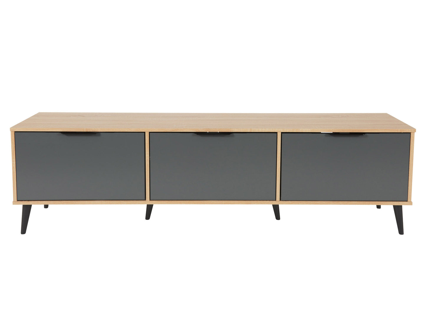 Light wood and grey TV stand with cabinet storage, fits TVs up to 85 inches, minimalist design, and sleek modern style.