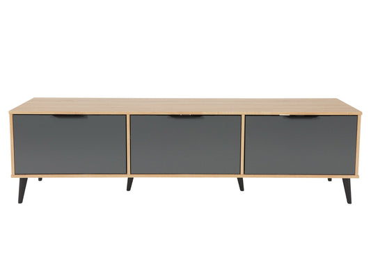 Light wood and grey TV stand with cabinet storage, fits TVs up to 85 inches, minimalist design, and sleek modern style.