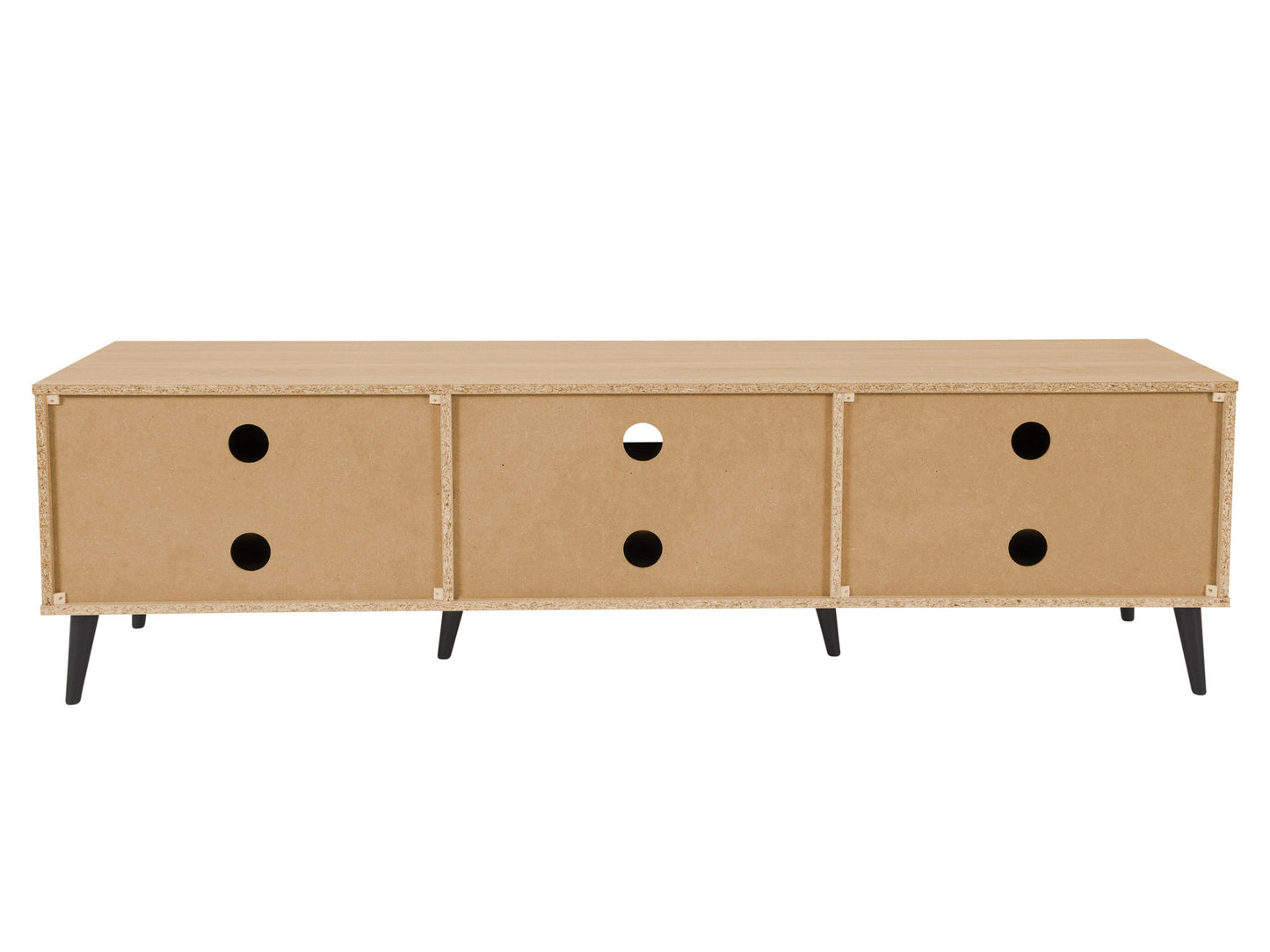 Light wood and grey TV stand with cabinet storage for TVs up to 85 inches, modern design, and sleek finish.
