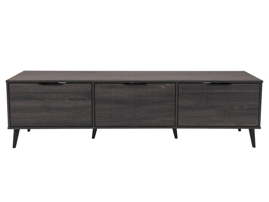 Dark grey TV stand with cabinet storage, fits TVs up to 85 inches, sleek design, modern home entertainment furniture.