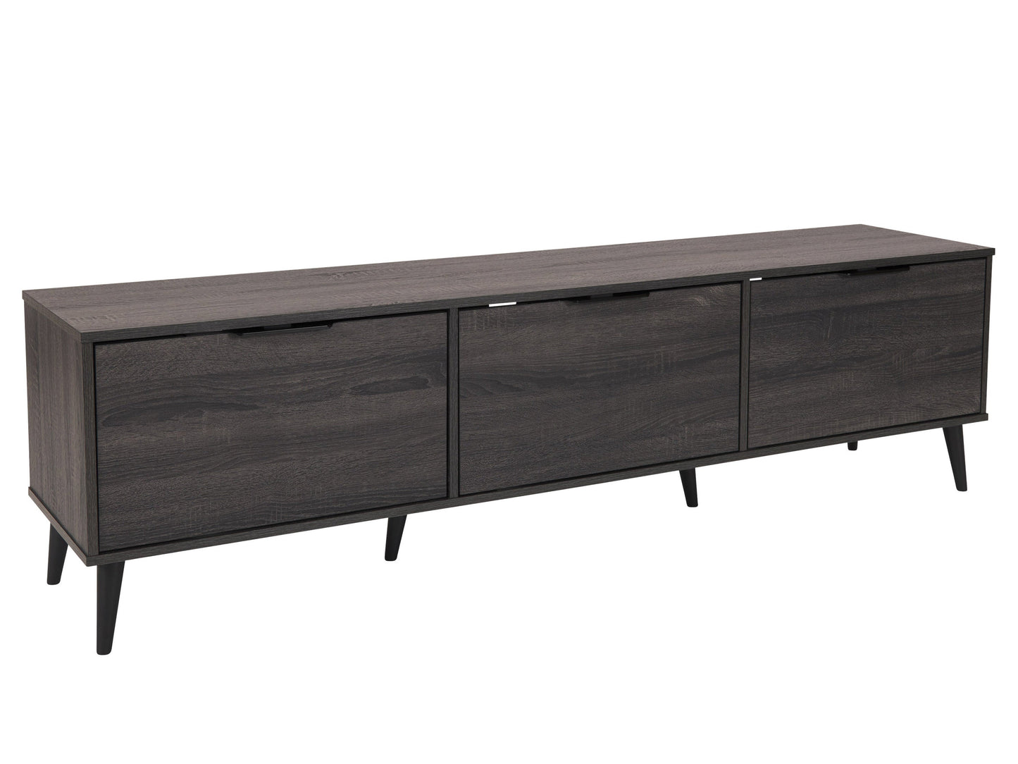 Dark grey TV stand with cabinet storage for TVs up to 85 inches, sleek design, and sturdy wooden construction.