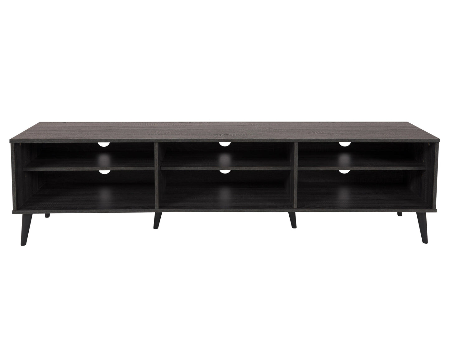 Dark grey TV stand with open shelves, fits TVs up to 85 inches, sleek design, modern furniture.