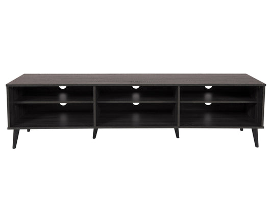 Dark grey TV stand with open shelves, fits TVs up to 85 inches, sleek design, modern furniture.