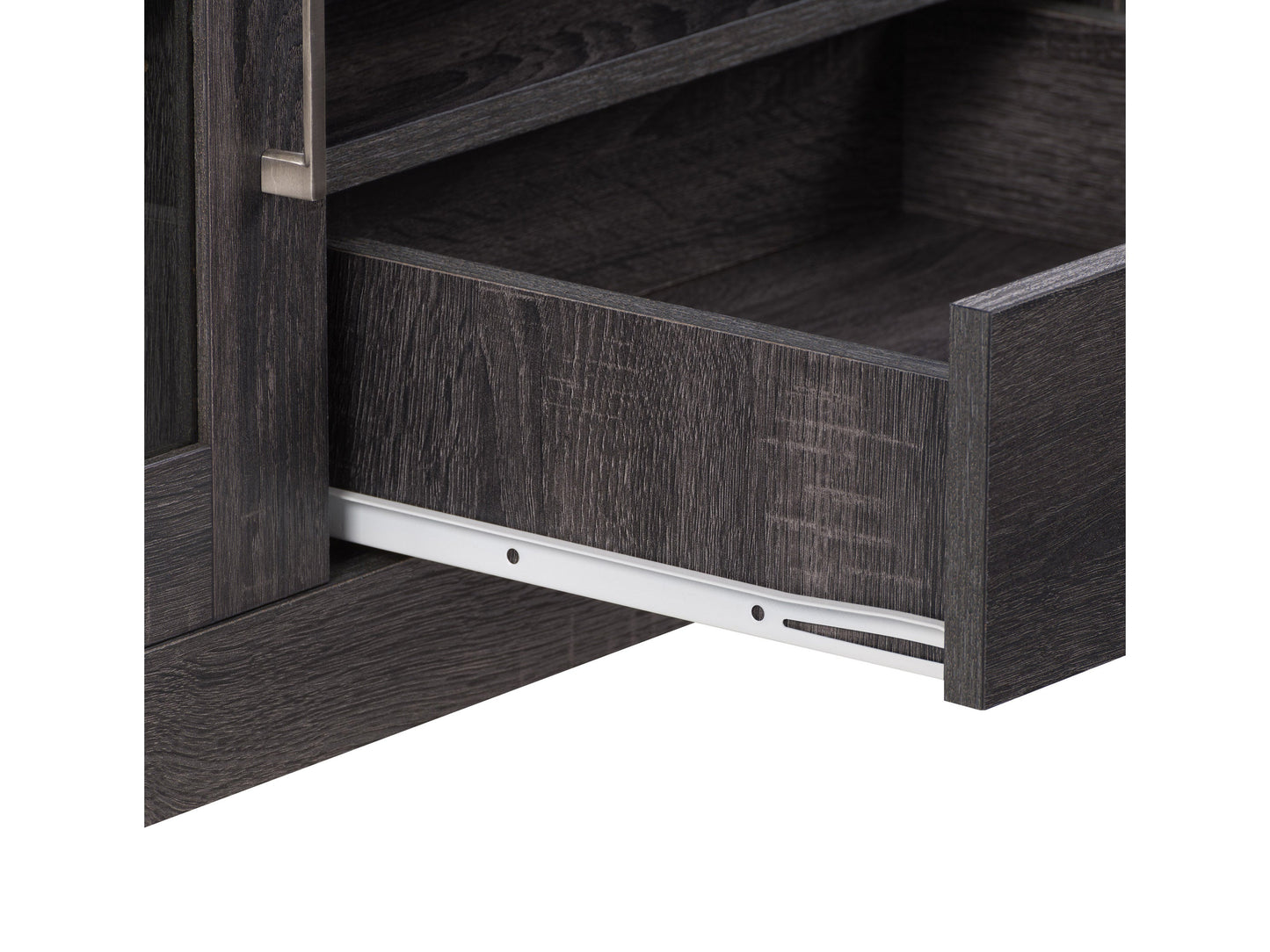 Modern TV stand with walnut finish, sleek black metal frame, and open shelving for storage. The stand features clean lines, a minimalist design, and sturdy construction, perfect for contemporary living rooms.