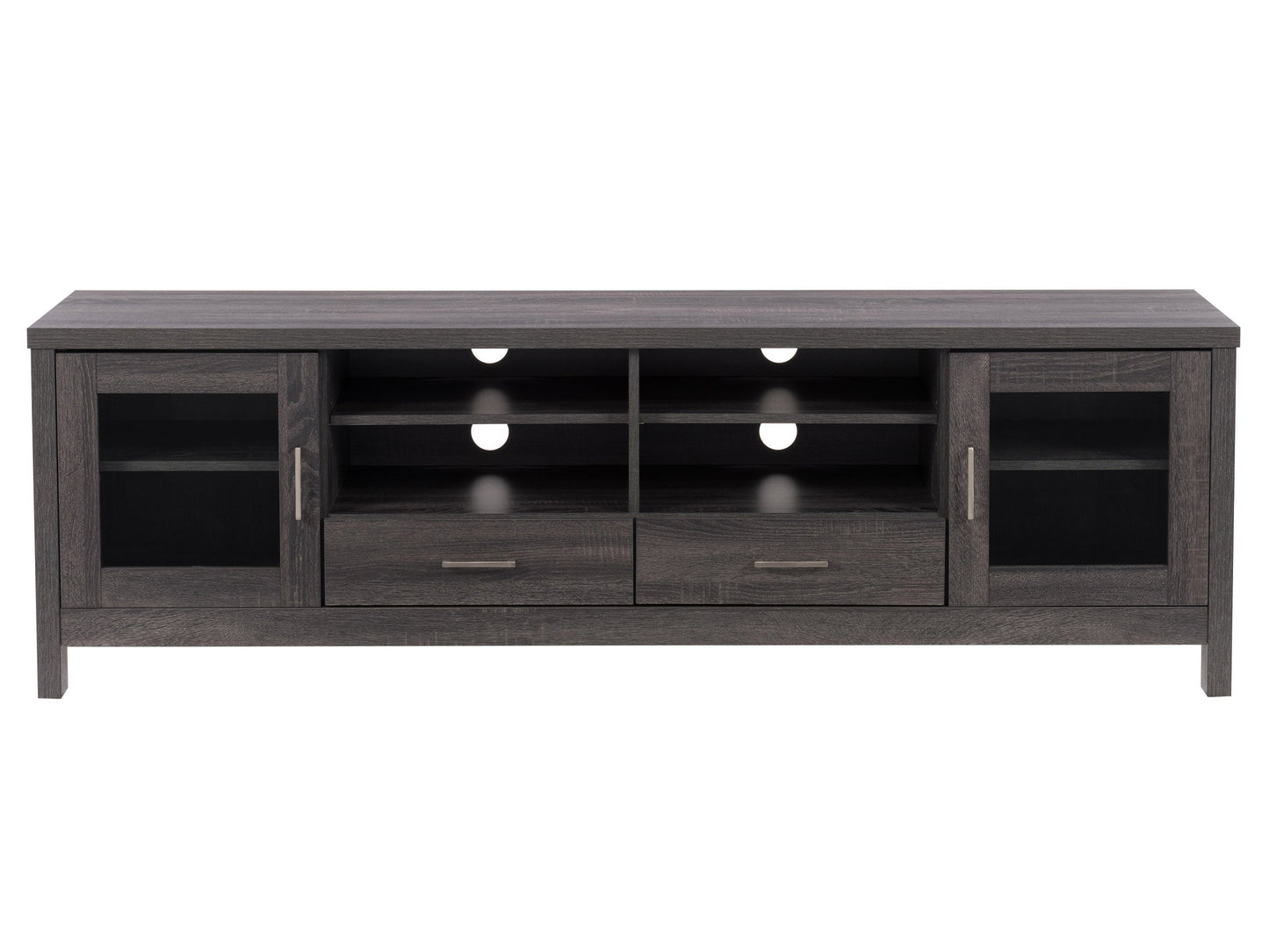 Modern TV stand for TVs up to 85 inches with sleek black metal frame, rustic brown wooden shelves, two cabinet doors with mesh panels, and open storage compartments. Ideal for living rooms or entertainment spaces.