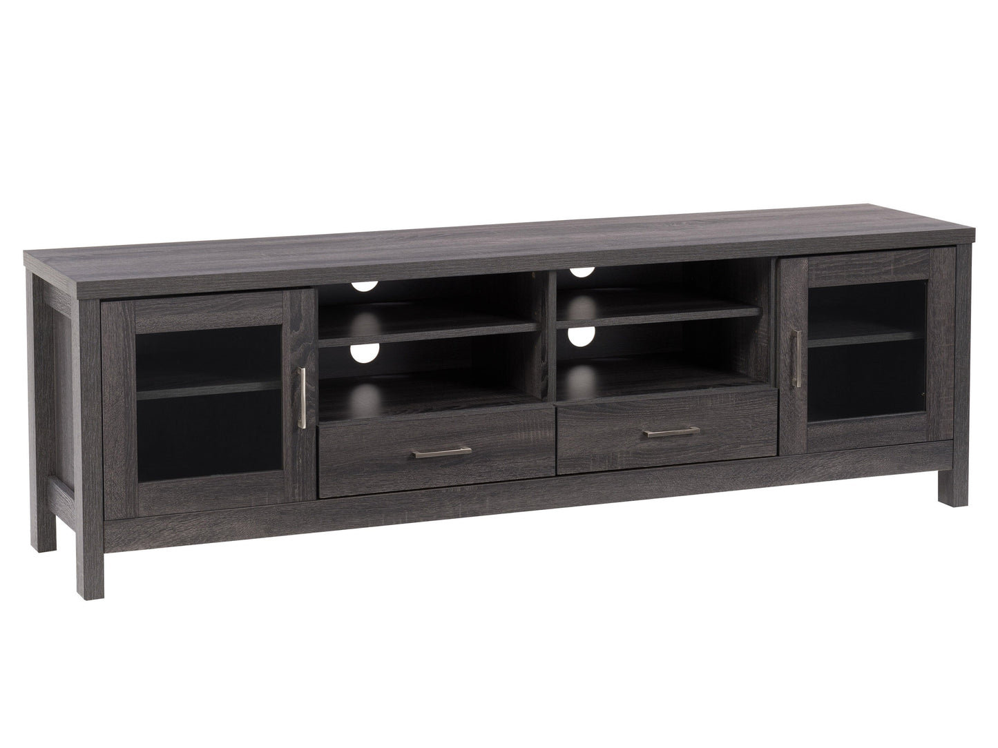 Modern walnut TV cabinet with sleek black metal legs, two closed storage compartments with wood grain finish, and an open middle shelf, suitable for TVs up to 85 inches.