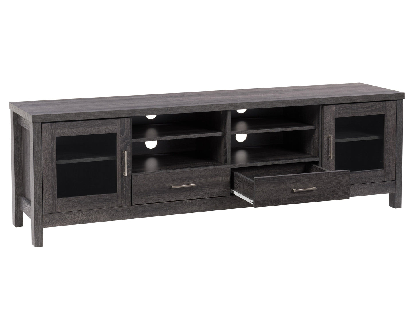 Modern TV stand with open shelves and storage cabinets, featuring a sleek black and white design, made from wood and metal, perfect for contemporary living rooms.