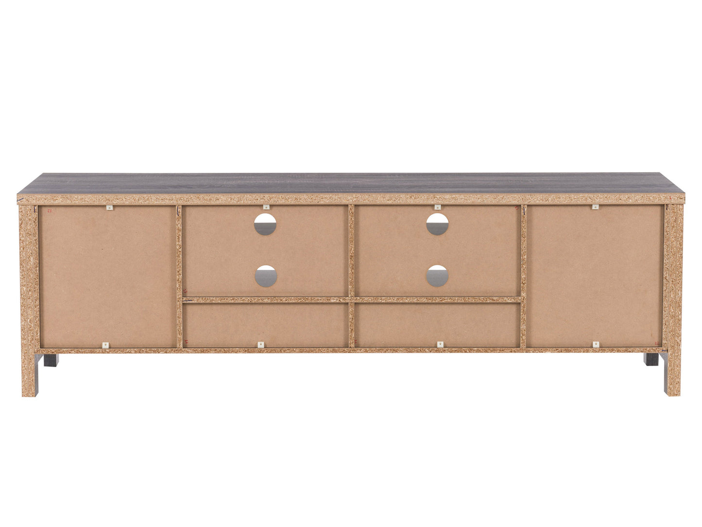 Modern wooden TV stand with white drawers and open shelves, featuring sleek metal handles and a minimalist design. Perfect for living room storage and media organization.