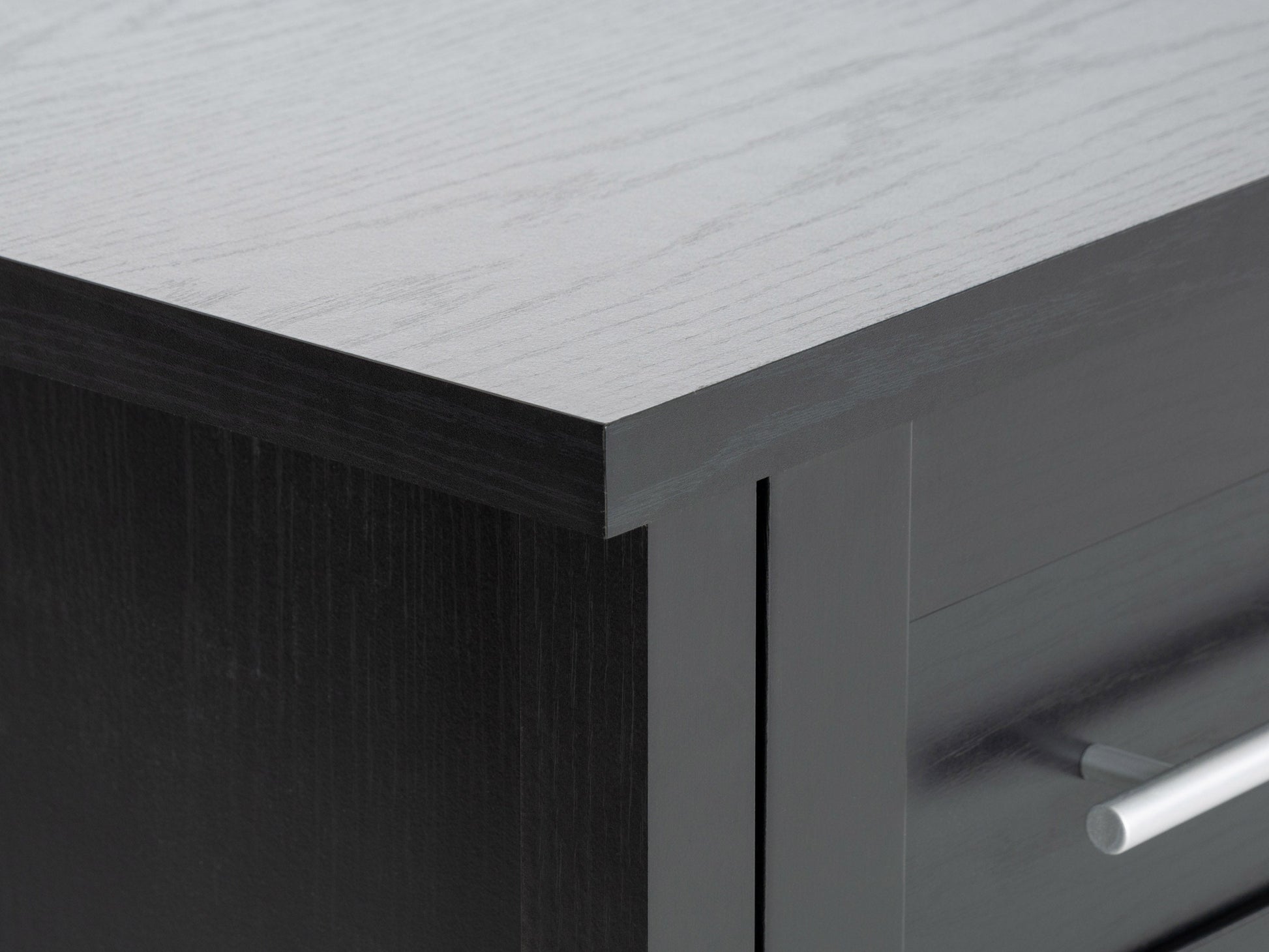 Wide TV stand for TVs up to 85", dark wood finish, sleek black metal legs, modern design with ample storage space.