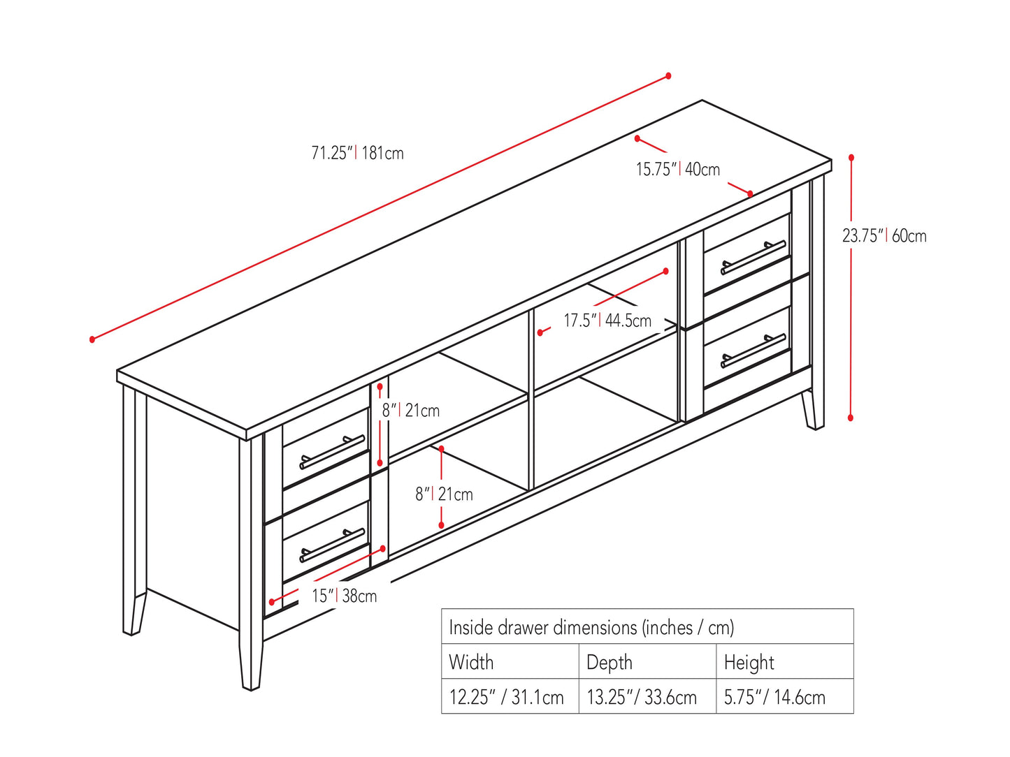 Wide TV stand for TVs up to 85", dark wood finish, sleek design, ample storage with open shelves and cabinets.