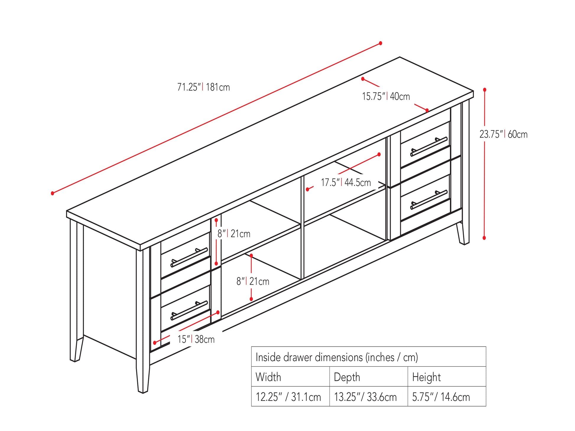 Wide TV stand for TVs up to 85", dark wood finish, sleek design, ample storage with open shelves and cabinets.