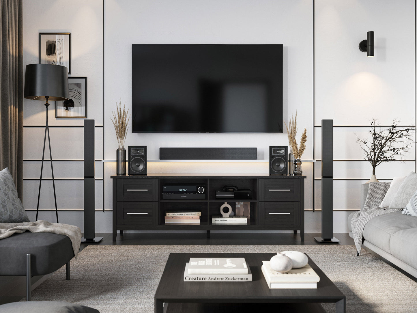 Wide TV stand for TVs up to 85 inches, dark wood finish, open shelving, and sleek modern design.